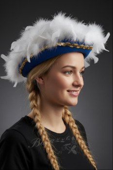 Blauer Gardehut mit weißem Federnest